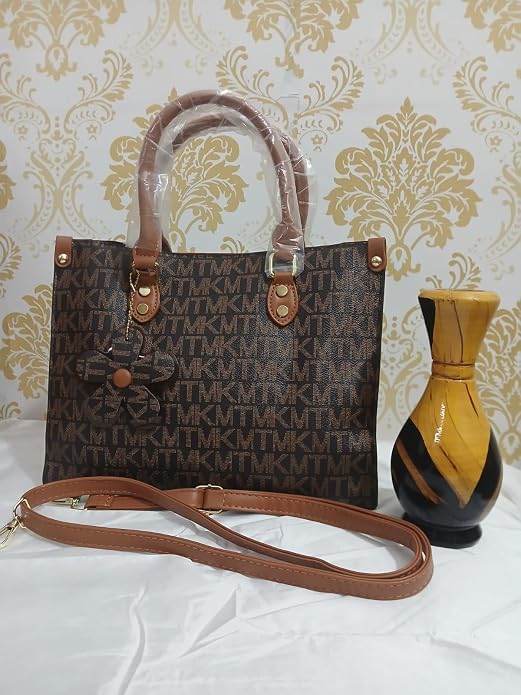 TMKM Monogram Tote Handbag with Sling Bag & Flower Charm for Women