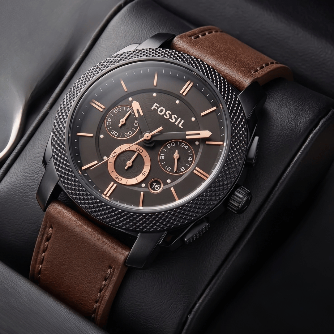 Fossil Machine FS4656 Black Dial Chronograph Copy Watch for Men – Brown Leather Strap