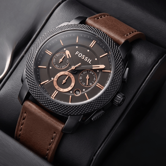 Fossil Machine FS4656 Black Dial Chronograph Copy Watch for Men – Brown Leather Strap