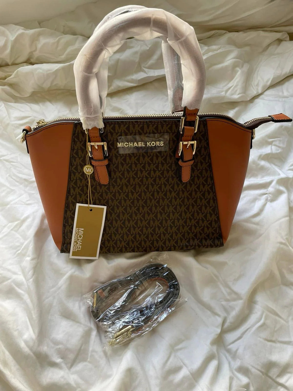 Michael Kors Sienna Medium Satchel Bag for Women – Brown Printed Leather Handbag with Dust Cover
