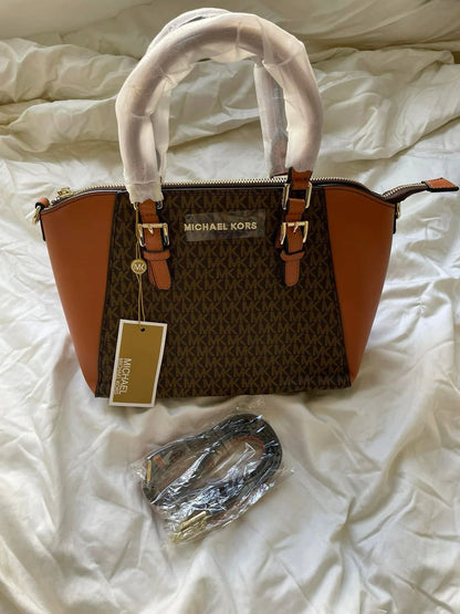 Michael Kors Sienna Medium Satchel Bag for Women – Brown Printed Leather Handbag with Dust Cover