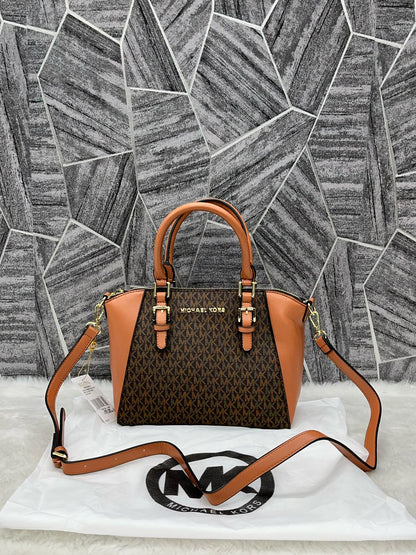 Michael Kors Sienna Medium Satchel Bag for Women – Brown Printed Leather Handbag with Dust Cover