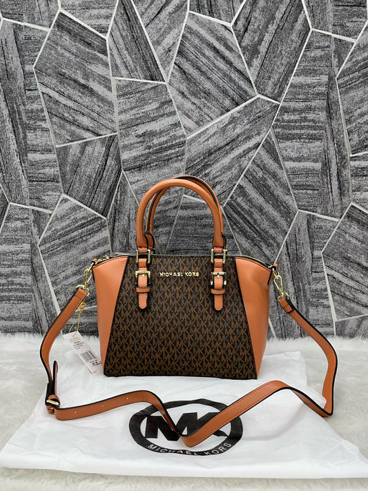 Michael Kors Sienna Medium Satchel Bag for Women – Brown Printed Leather Handbag with Dust Cover