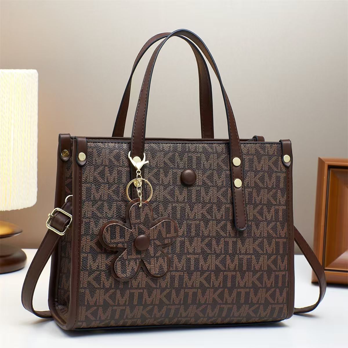 TMKM Monogram Tote Handbag with Sling Bag & Flower Charm for Women
