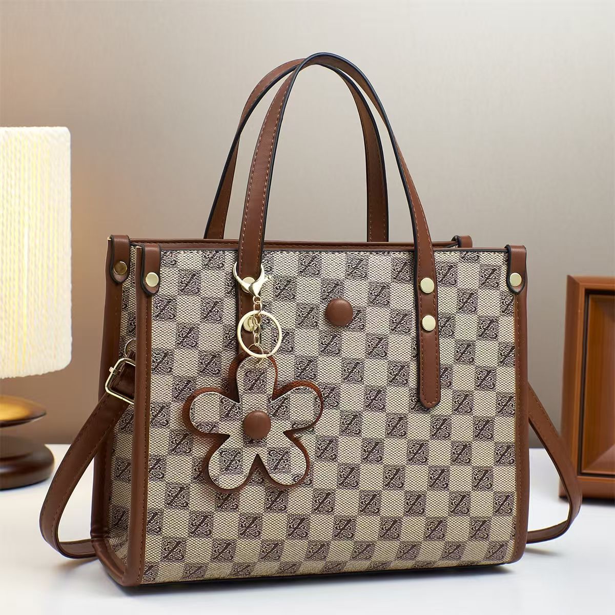 TMKM Monogram Tote Handbag with Sling Bag & Flower Charm for Women