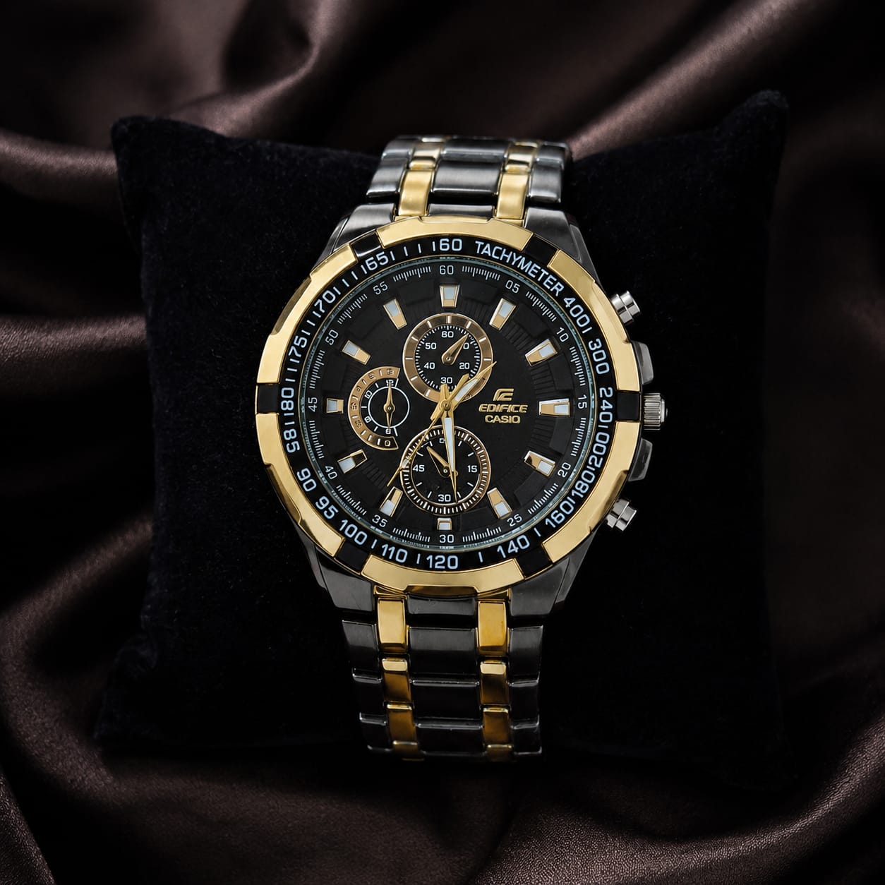 Casio Edifice Black Dial Rose Gold Chronograph Watch for Men – Two-Tone Stainless Steel Bracelet