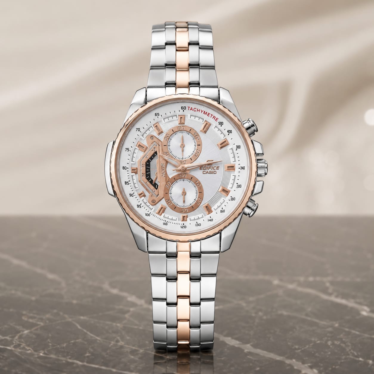 Casio Edifice EF-558D-7AVDF Silver Dial Chronograph Copy Watch for Men – Rose Gold Bezel