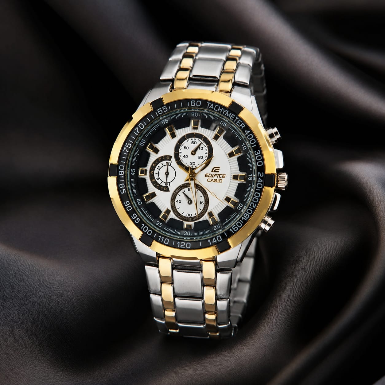 Casio Edifice EF-539D-1A5VDF Chronograph Copy Watch for Men – White & Black Dial with Rose Gold Two-Tone Bracelet