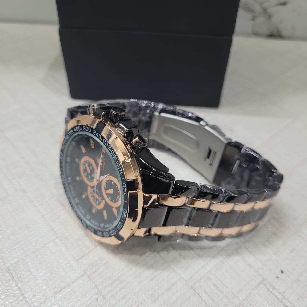 Casio Edifice Black Dial Rose Gold Chronograph Watch for Men – Two-Tone Stainless Steel Bracelet