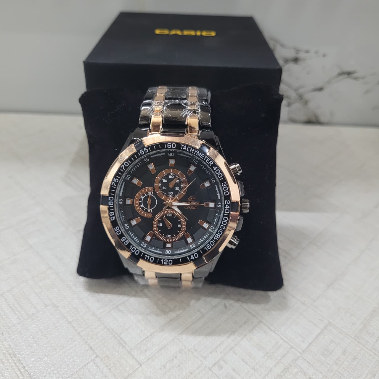 Casio Edifice Black Dial Rose Gold Chronograph Watch for Men – Two-Tone Stainless Steel Bracelet