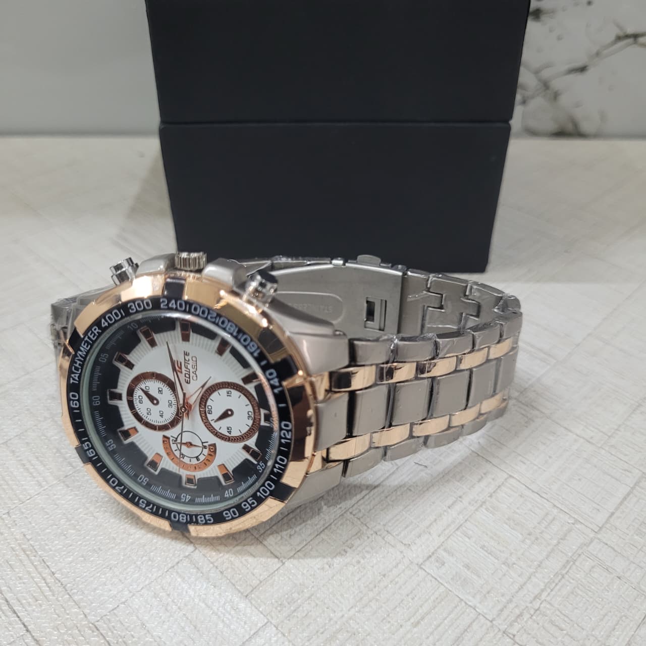Casio Edifice EF-539D-1A5VDF Chronograph Copy Watch for Men – White & Black Dial with Rose Gold Two-Tone Bracelet