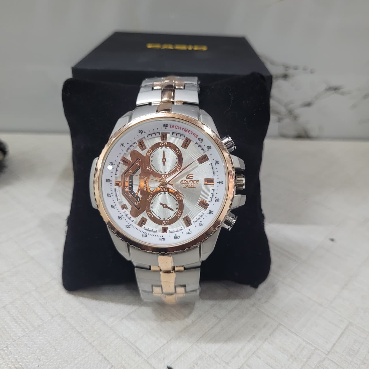 Casio Edifice EF-558D-7AVDF Silver Dial Chronograph Copy Watch for Men – Rose Gold Bezel