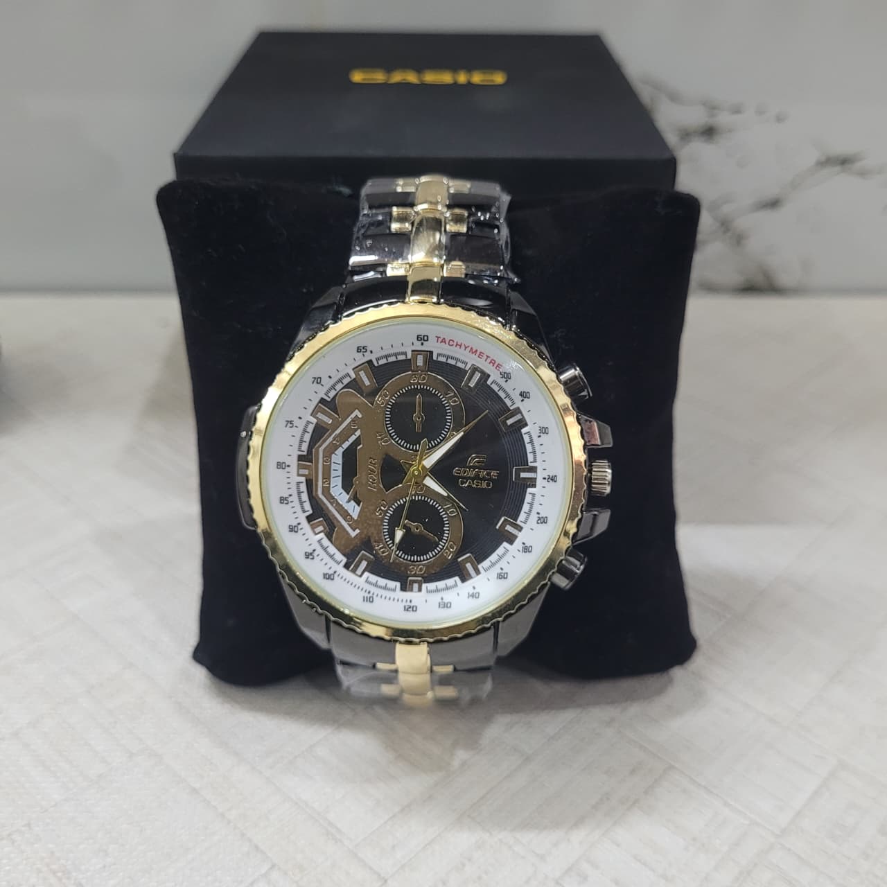 Casio Edifice EF-558SG-1AV Chronograph Tachymeter Watch for Men – Black & Gold