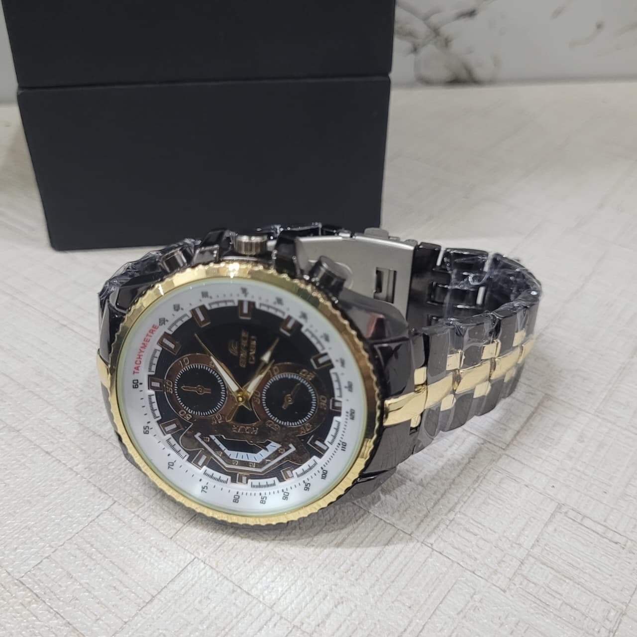 Casio Edifice EF-558SG-1AV Chronograph Tachymeter Watch for Men – Black & Gold